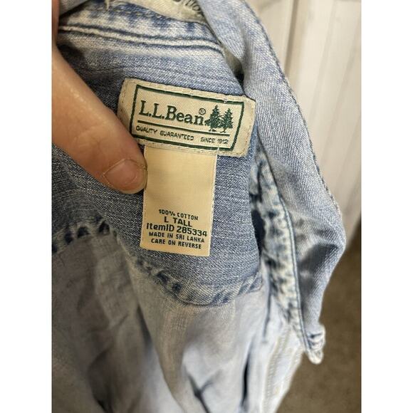 VINTAGE LL Bean Shirt Blue Denim Long Sleeve Casual Distressed Mens Large Tall - Picture 3 of 7